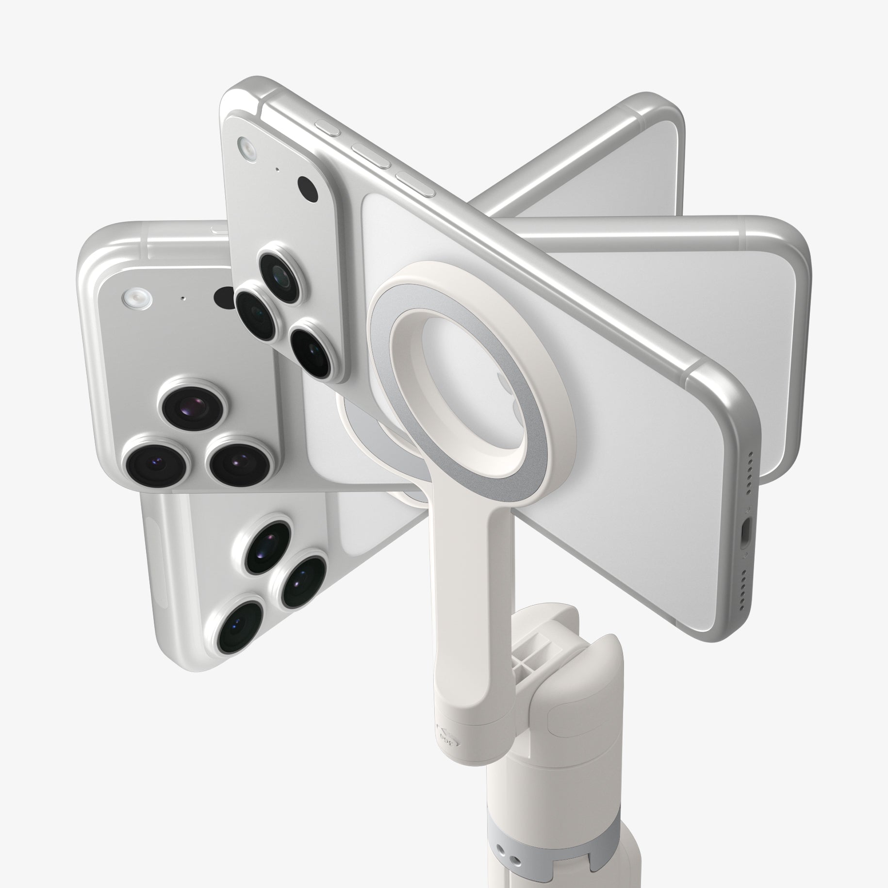 AMP11373 - Selfie Stick | S582W in Dune Beige showing a magnetic phone mount holding multiple smartphones in a radial arrangement to highlight compatibility and secure attachment.