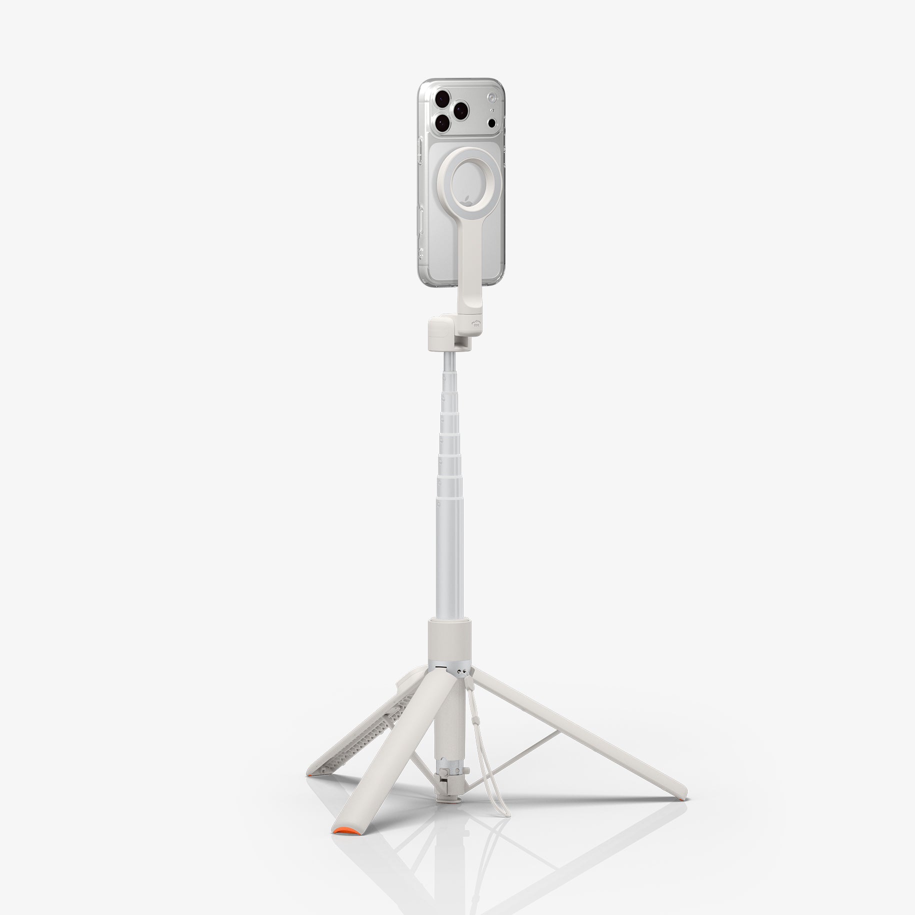 AMP11373 - Selfie Stick | S582W in Dune Beige showing a smartphone mounted on a magnetic holder with a fully extended telescopic pole and deployed tripod stand for hands-free use.