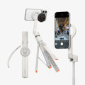 AMP11373 - Selfie Stick | S582W in Dune Beige showing multiple use modes including handheld, tripod, and extended setups with a magnetic phone mount and detachable remote for versatile shooting.