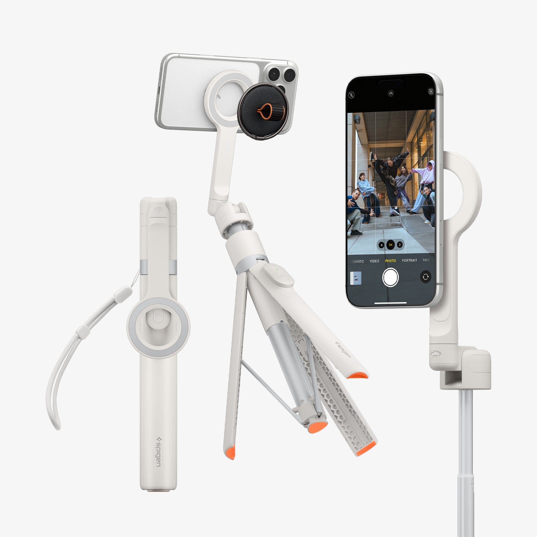 AMP11373 - Selfie Stick | S582W in Dune Beige showing multiple use modes including handheld, tripod, and extended setups with a magnetic phone mount and detachable remote for versatile shooting.