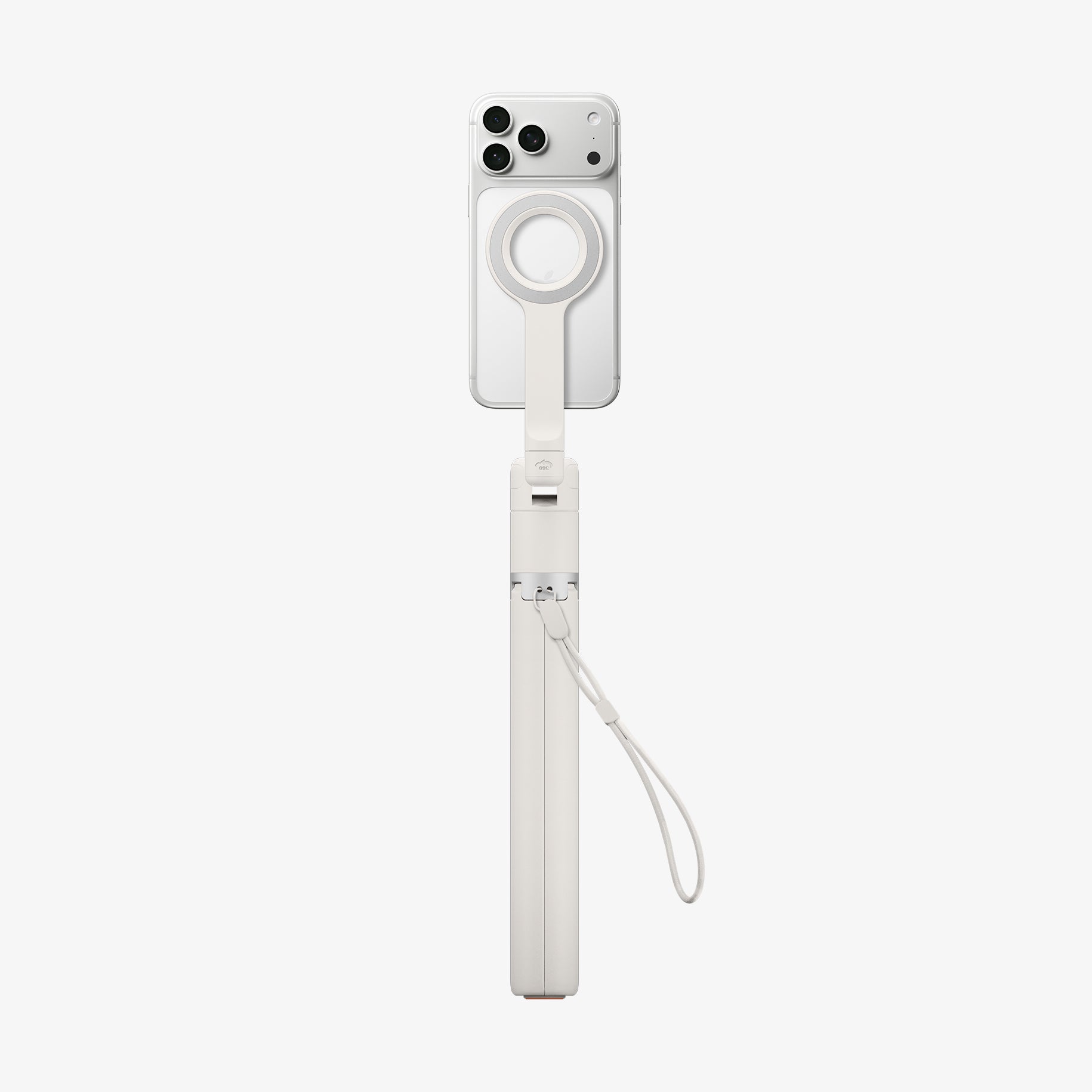 AMP11373 - Selfie Stick | S582W in Dune Beige showing a compact handheld design with a magnetic phone mount and attached wrist strap for secure grip and portability.
