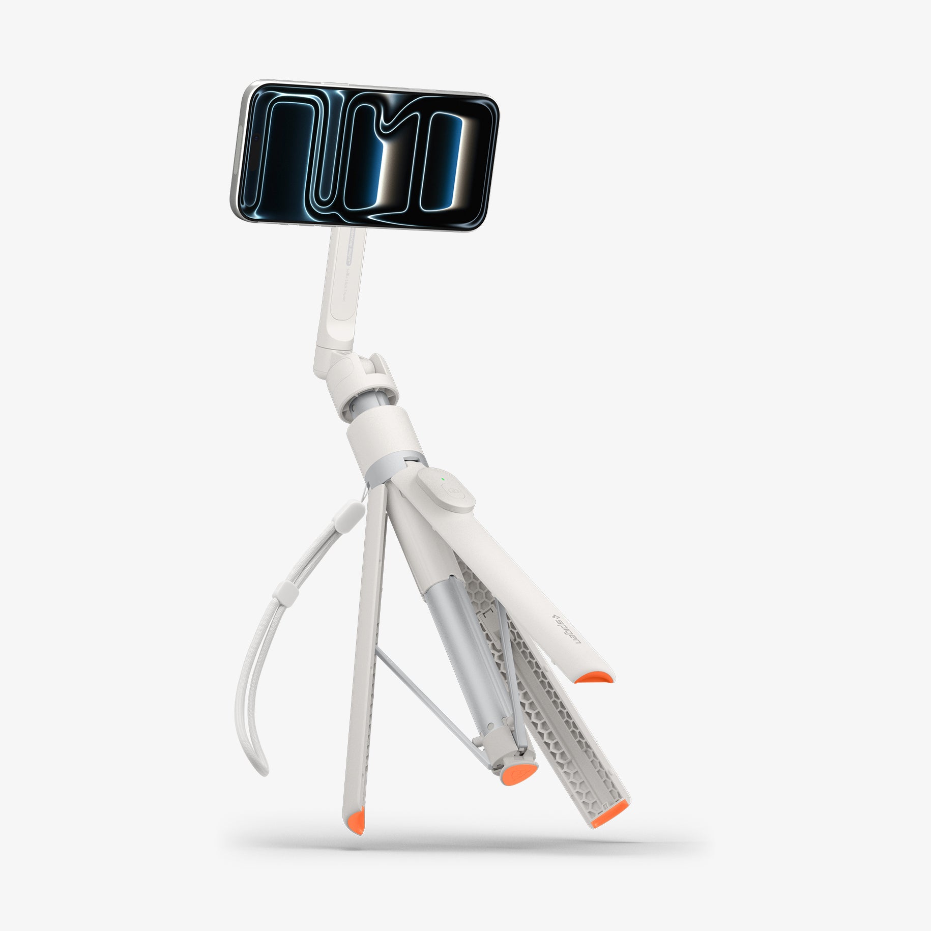 AMP11373 - Selfie Stick | S582W in Dune Beige showing a mounted smartphone in landscape orientation with an angled tripod setup and extended handle for stable hands-free shooting.