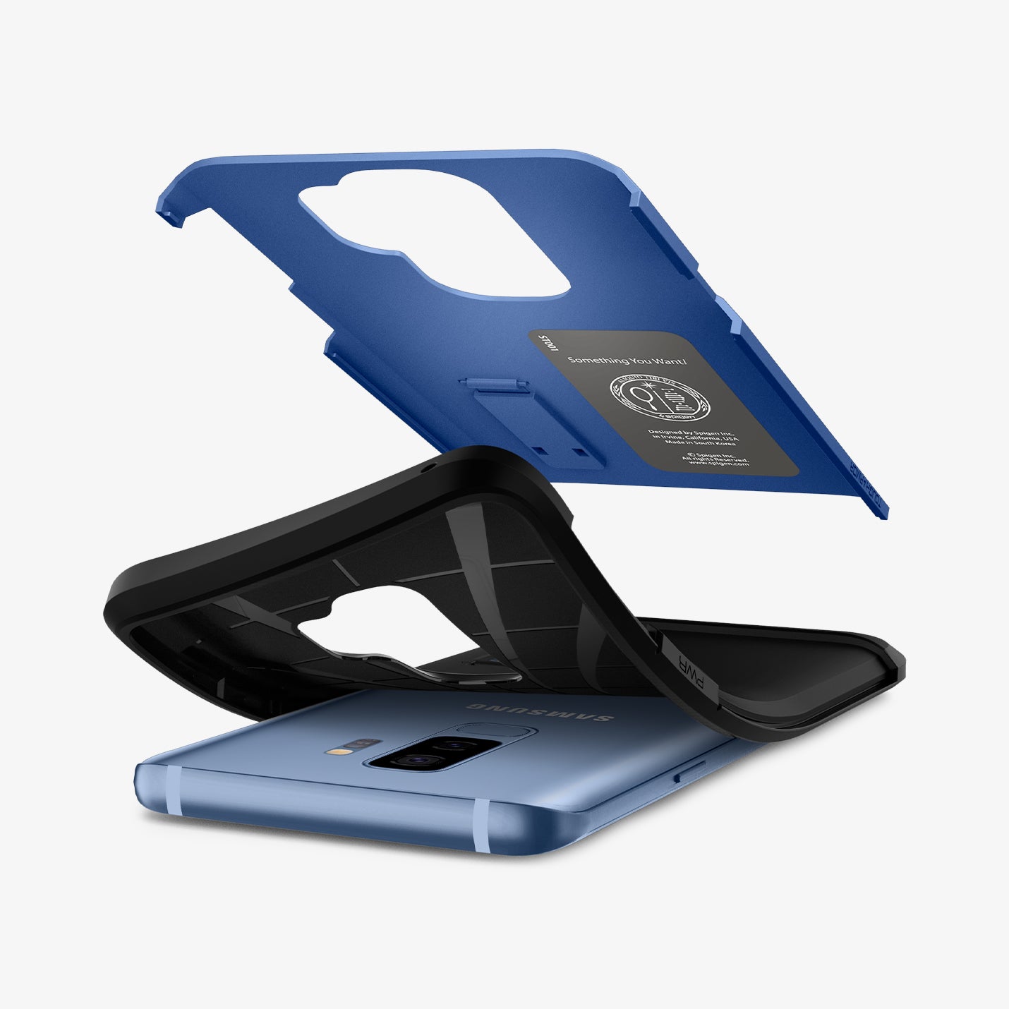 593CS22937 - Galaxy S9 Plus Case Tough Armor in Coral Blue showing the hard layer of case hovering above the device and soft layer