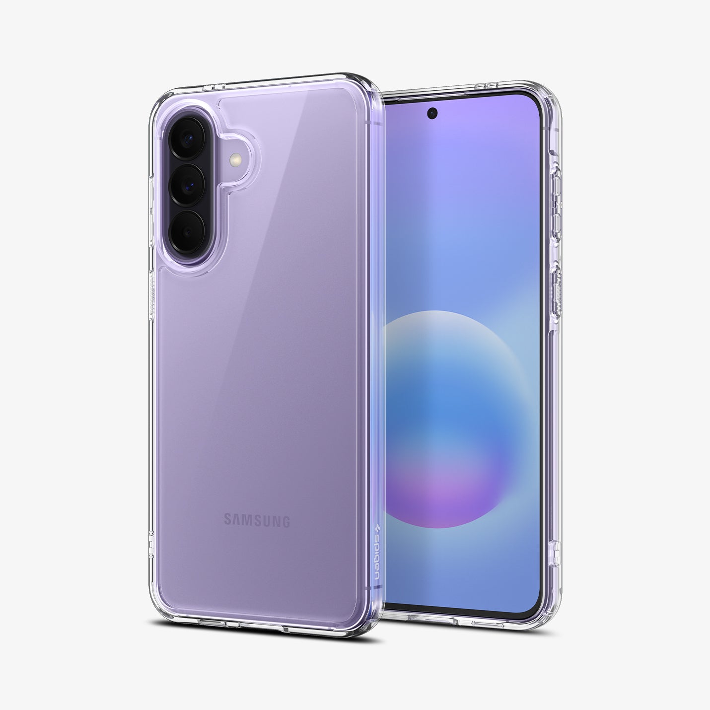 ACS11123 - Spigen Ultra Hybrid Galaxy A57 5G case in Crystal Clear on Awesome Violet phone - front and back view showing full color-preserving transparency