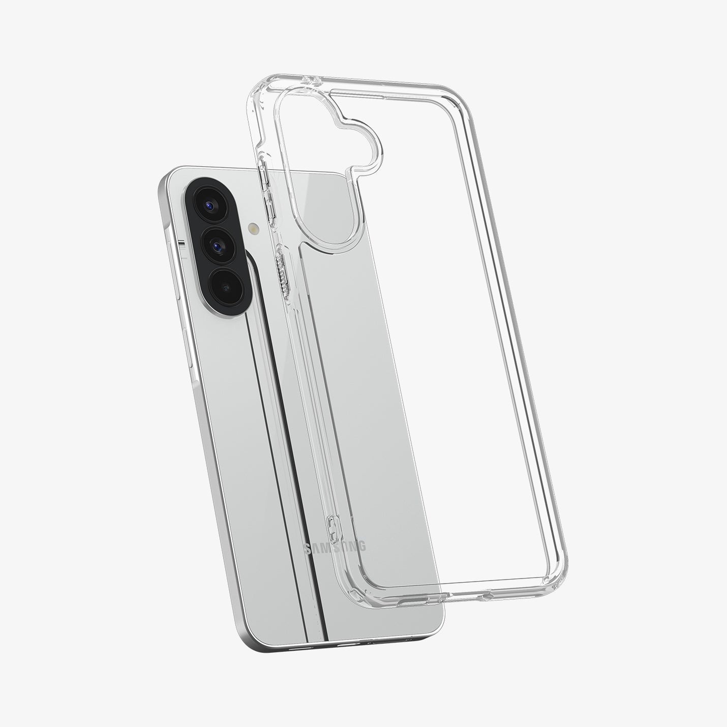 ACS11123 - Spigen Ultra Hybrid Galaxy A57 5G case in Crystal Clear lifting away from phone, showing transparent hard back panel