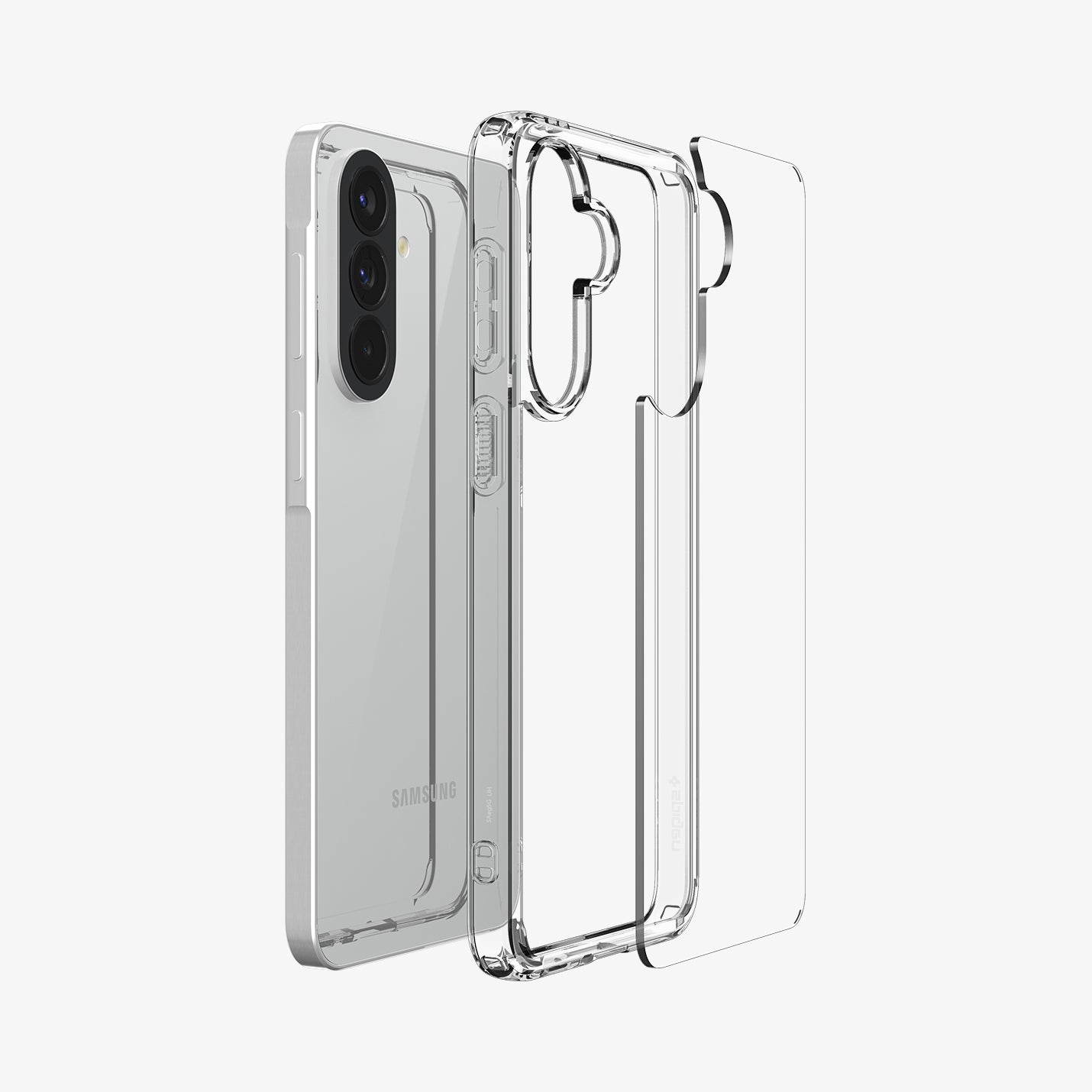 ACS11123 - Spigen Ultra Hybrid Galaxy A57 5G case in Crystal Clear - exploded view showing hard PC back panel and flexible TPU bumper