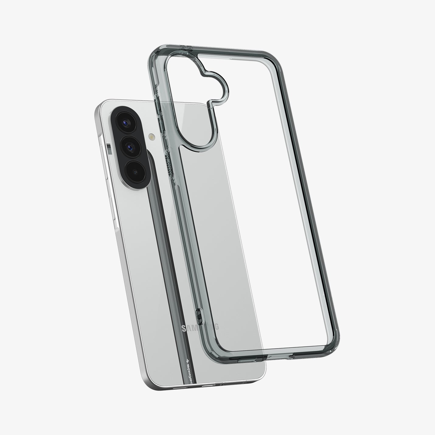 ACS11124 - Spigen Ultra Hybrid Galaxy A57 5G case in Space Crystal lifting away from phone, showing dark tinted TPU bumper and clear back
