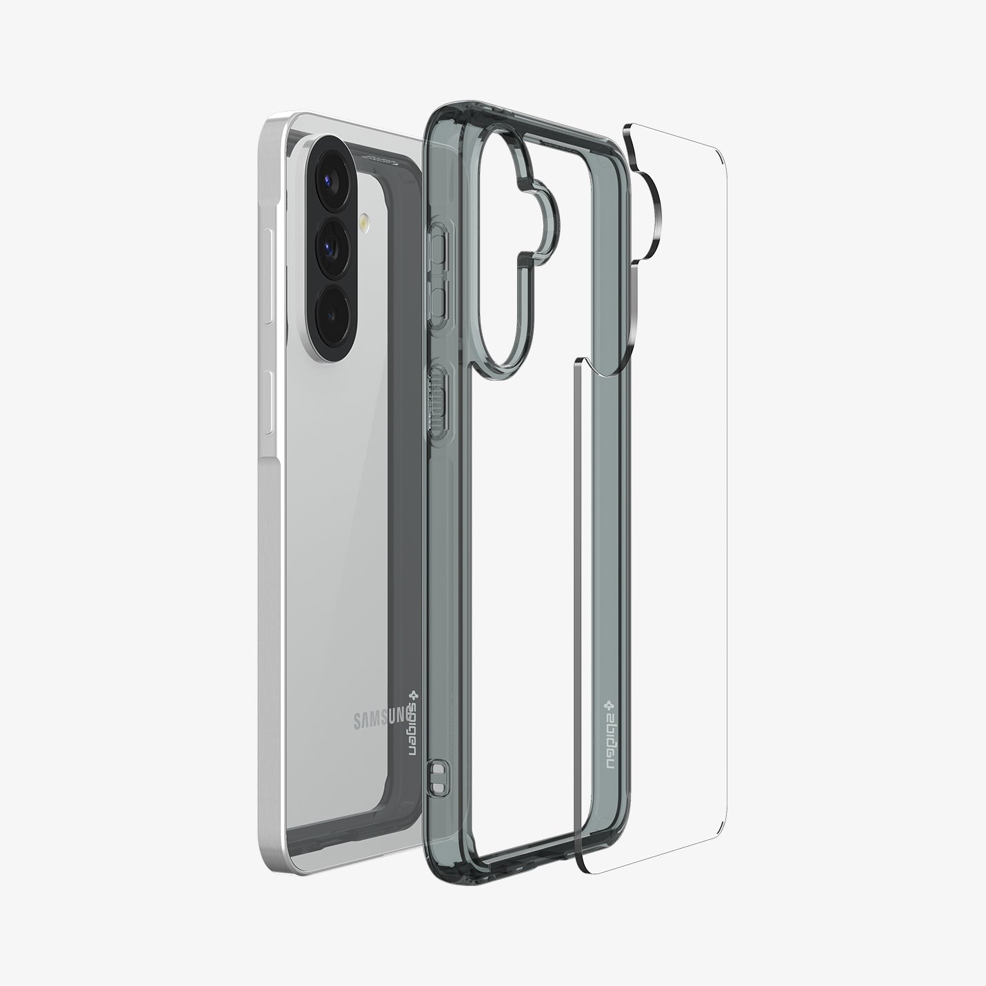 ACS11124 - Spigen Ultra Hybrid Galaxy A57 5G case in Space Crystal - exploded view showing dark tinted TPU bumper and hard PC back panel