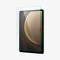 AGL07002 - Galaxy Tab S9 FE Series Screen Protector EZ FIT GLAS.tR showing the screen protector hovering in front of the device