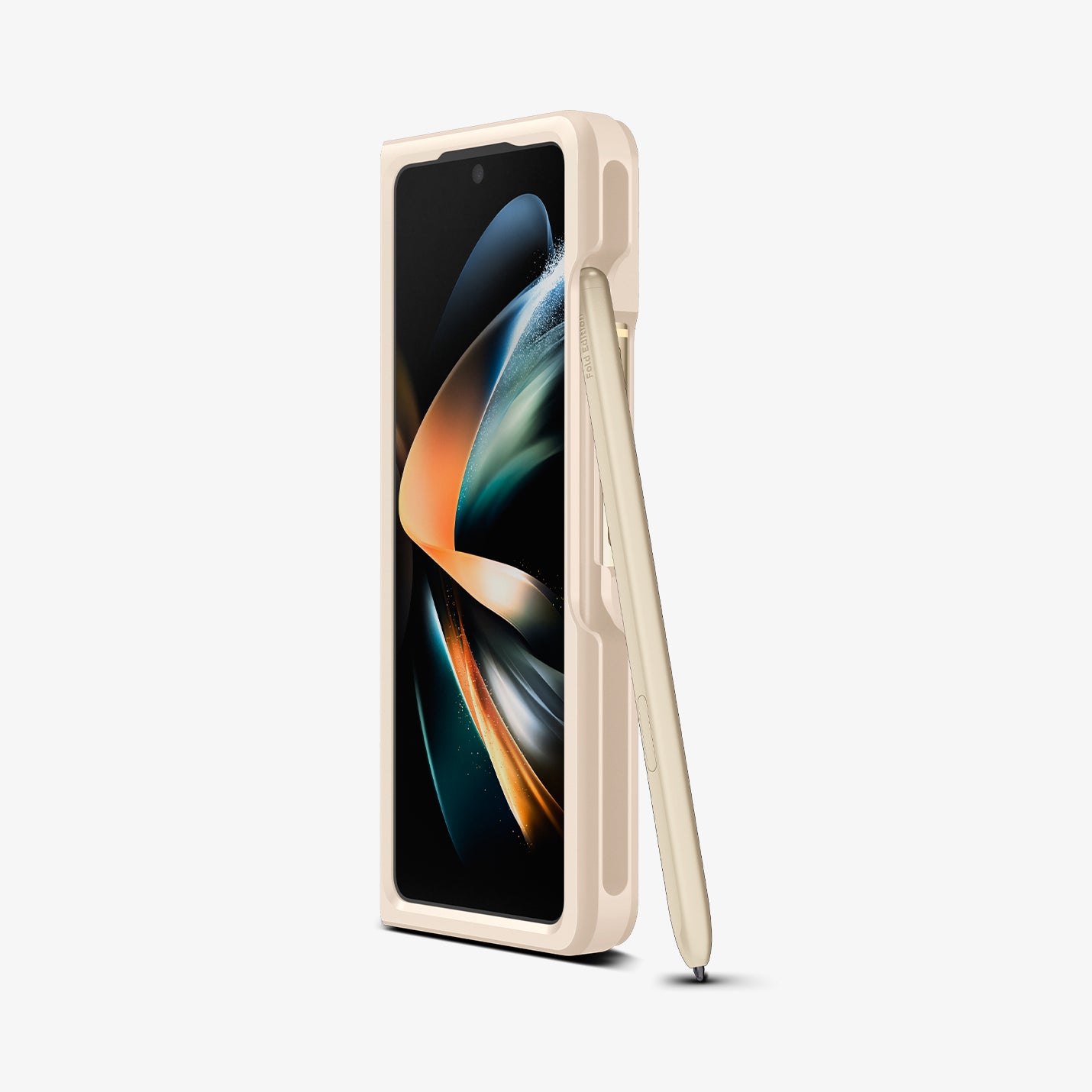 ACS05511 - Galaxy Z Fold 4 Case Thin Fit P in pearled ivory showing the front, side and s pen leaning against device