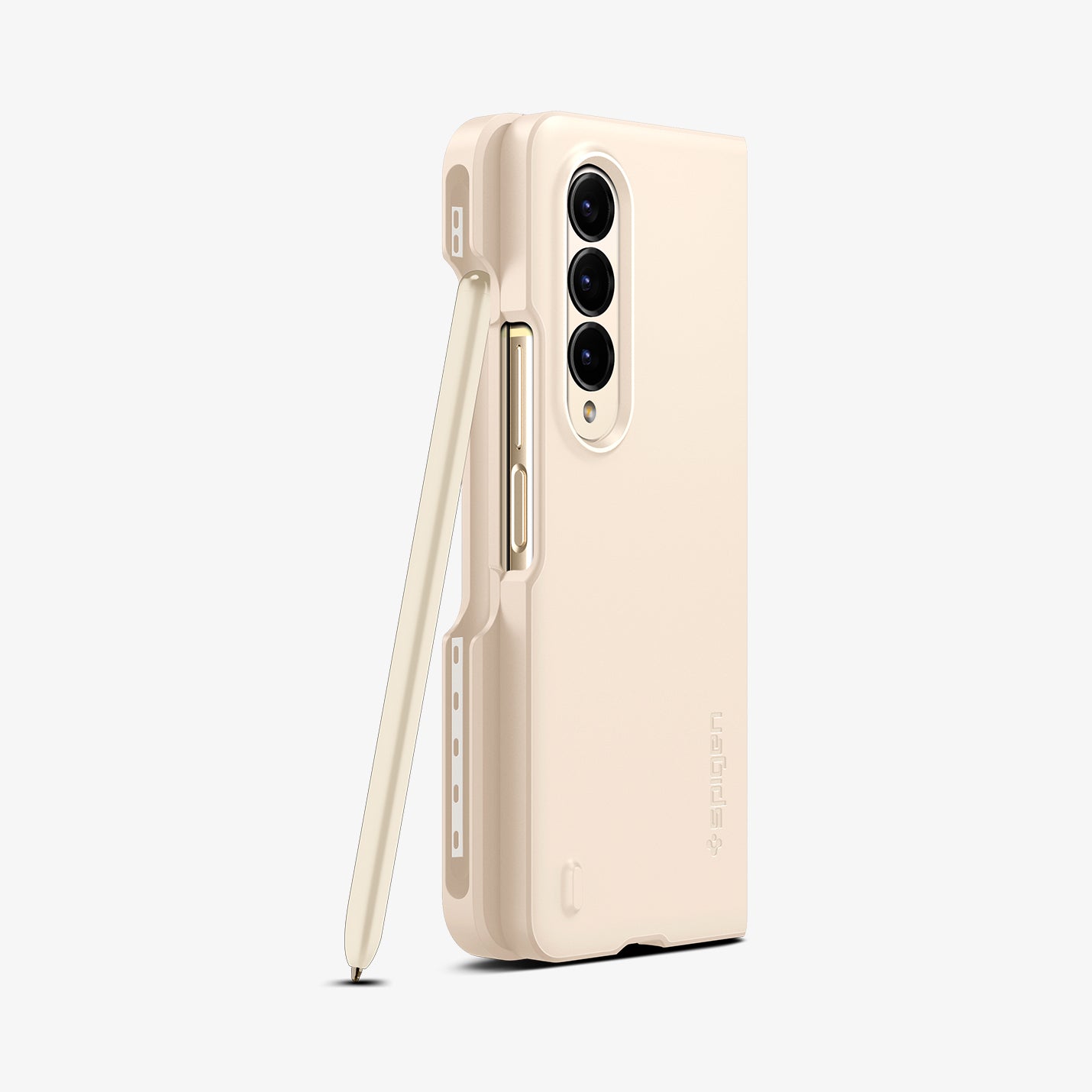ACS05511 - Galaxy Z Fold 4 Case Thin Fit P in pearled ivory showing the back, side and s pen leaning against device