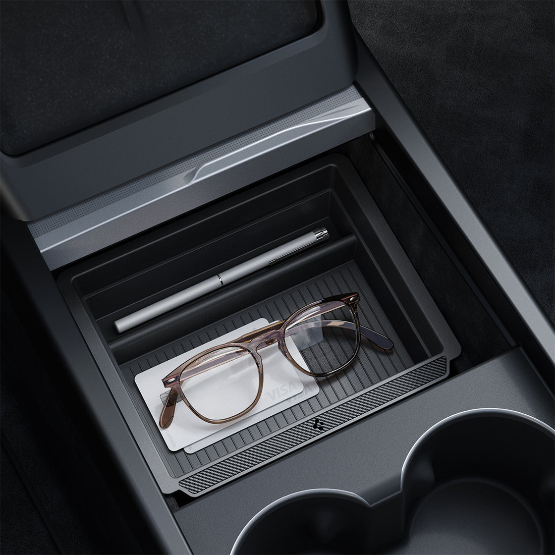 ACP07785 - Tesla Model 3 Highland Center Console Organizer Tray TO220SH in Black showing the top and inner of the tray with stuffs stored inside