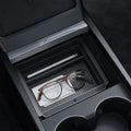 ACP07785 - Tesla Model 3 Highland Center Console Organizer Tray TO220SH in Black showing the top and inner of the tray with stuffs stored inside