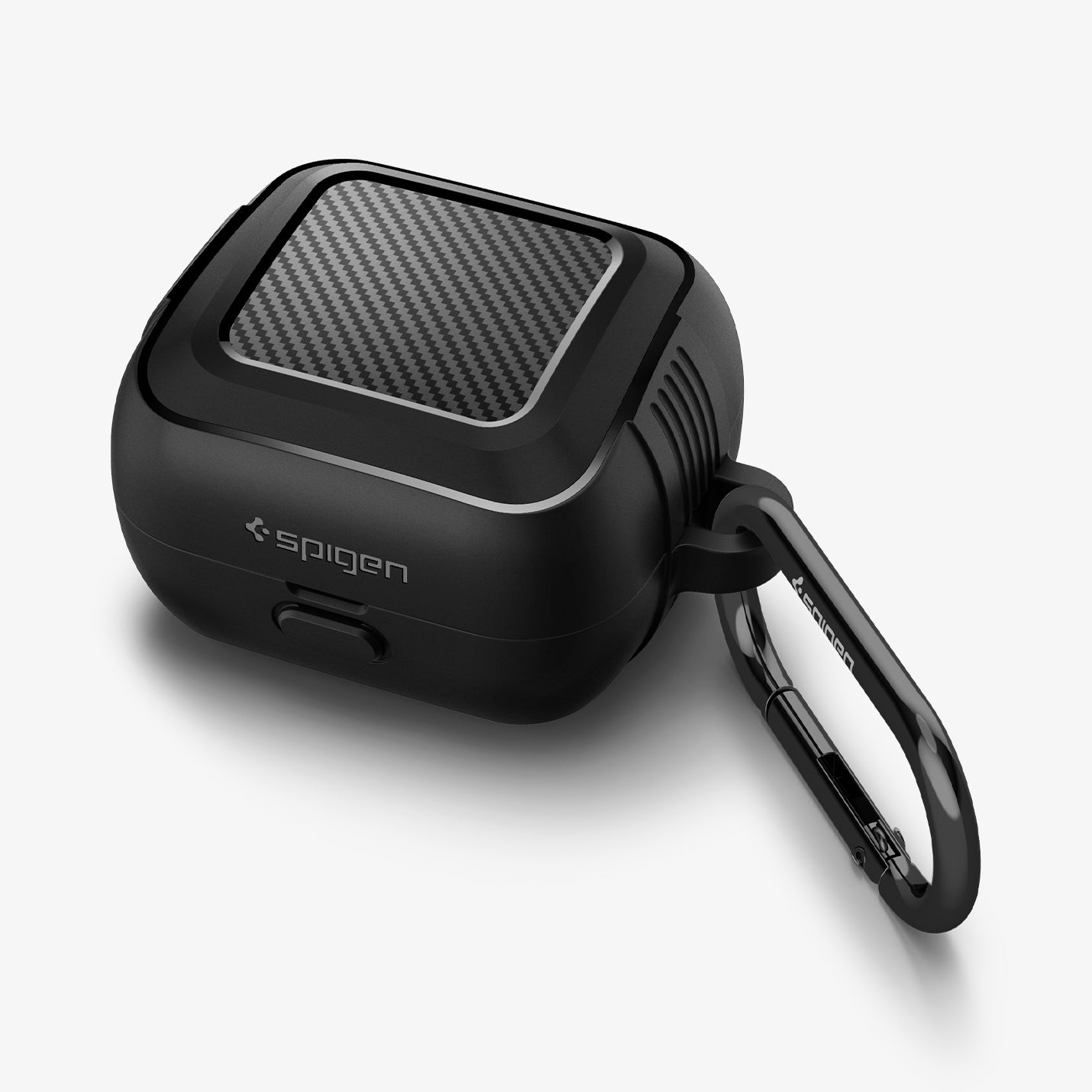 ACS04537 - Sony Earbuds Linkbuds Case Rugged Armor in black showing the front, top and carabiner attached