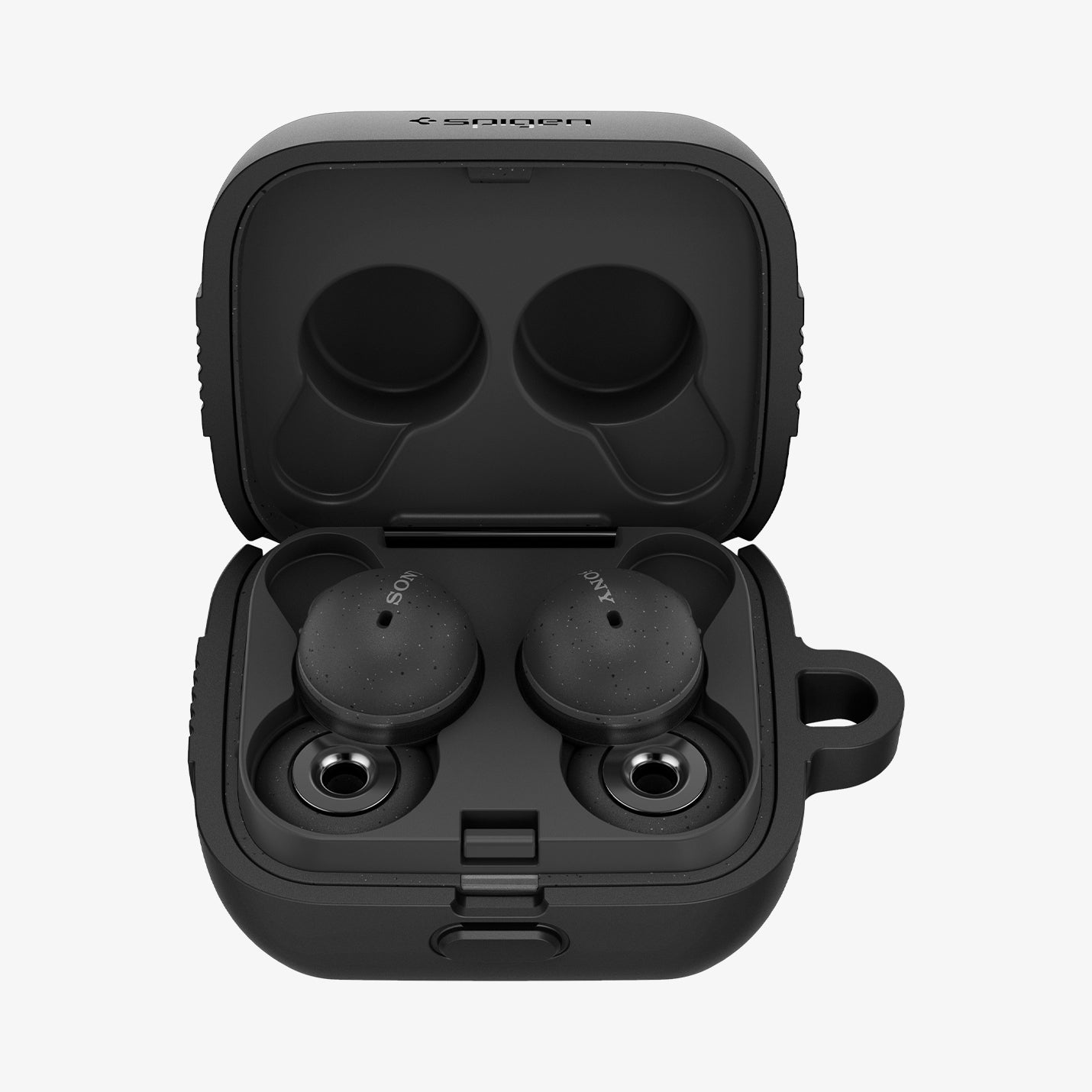 ACS04537 - Sony Earbuds Linkbuds Case Rugged Armor in black showing the front with top open and earbuds inside