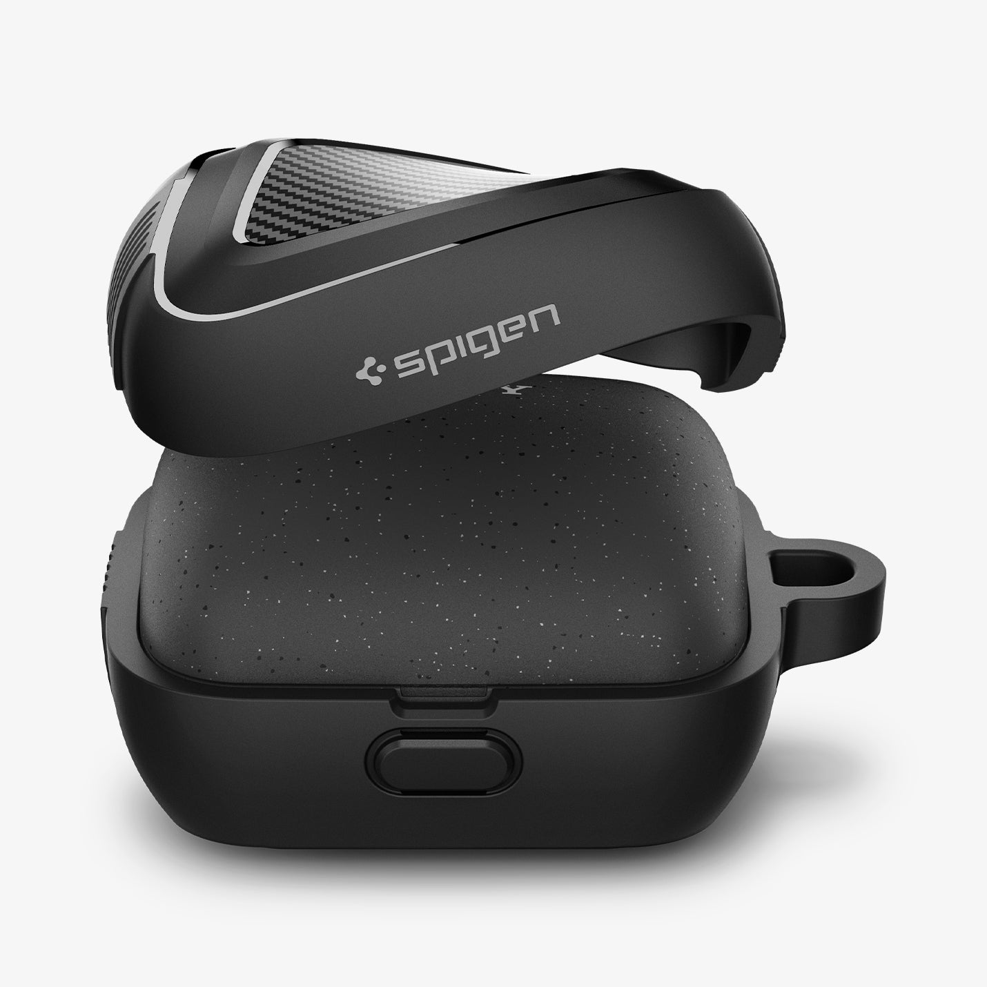 ACS04537 - Sony Earbuds Linkbuds Case Rugged Armor in black showing the top bending and hovering above the rest of case