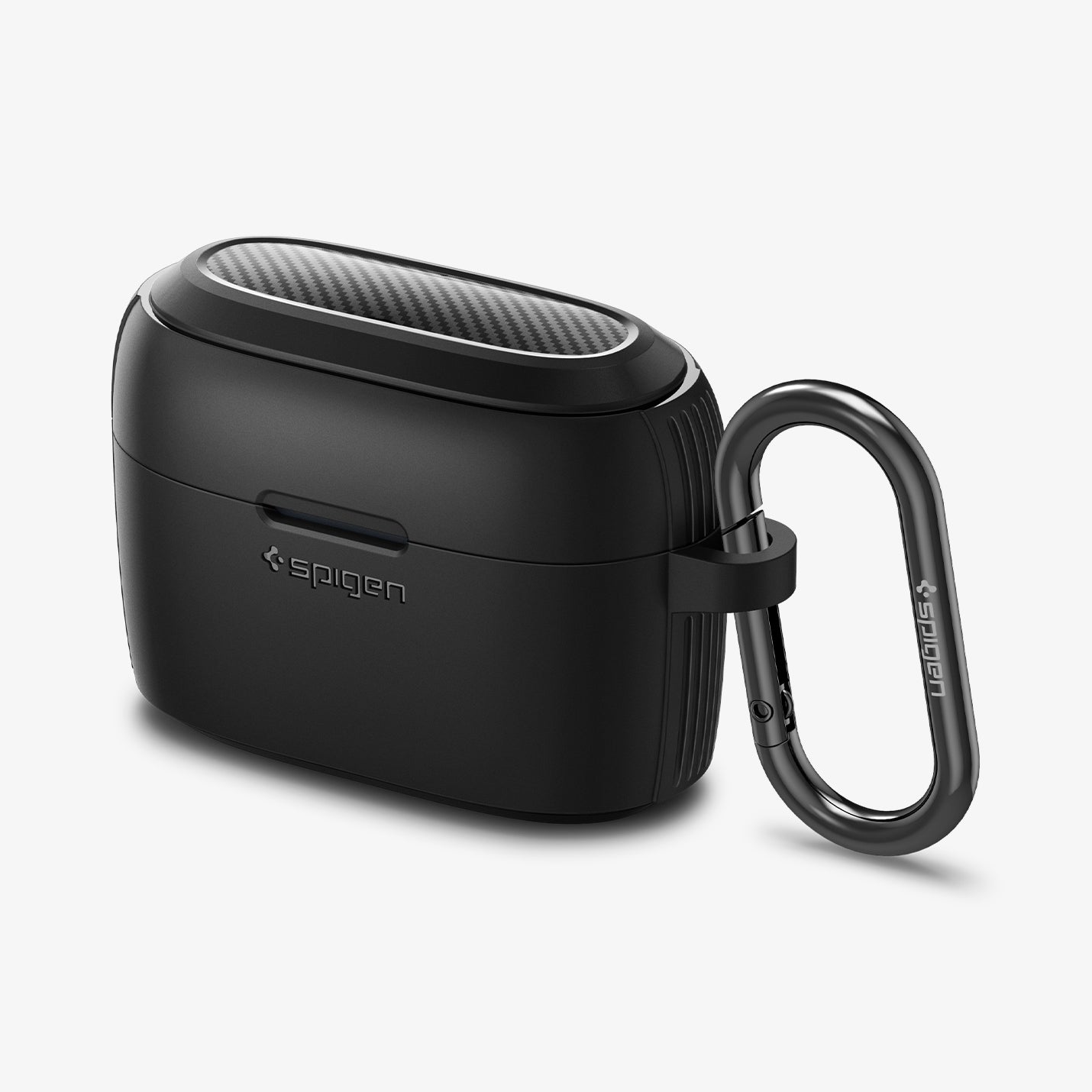 ACS05236 - Sony Earbuds Linkbuds S Case Rugged Armor in black showing the front, top and carabiner attached
