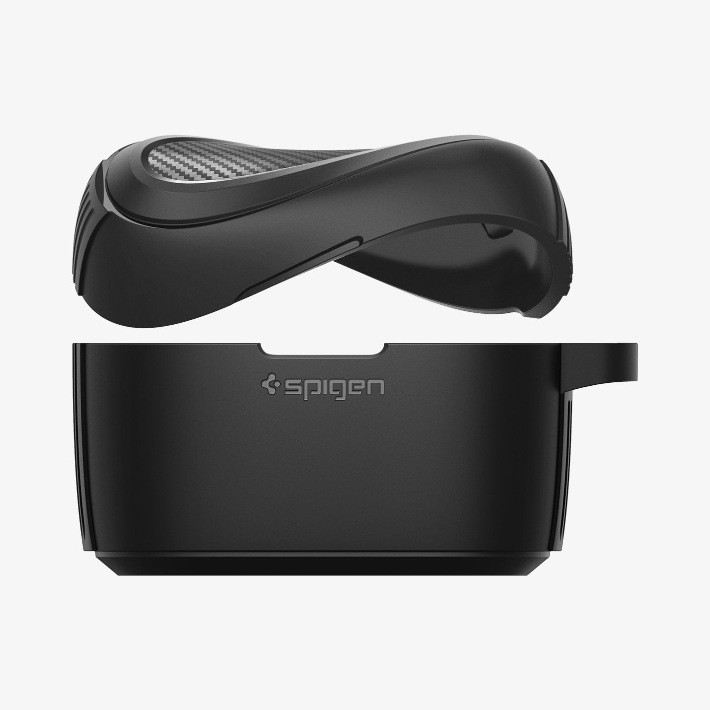 ACS05236 - Sony Earbuds Linkbuds S Case Rugged Armor in black showing the top hovering and bending over the bottom of case