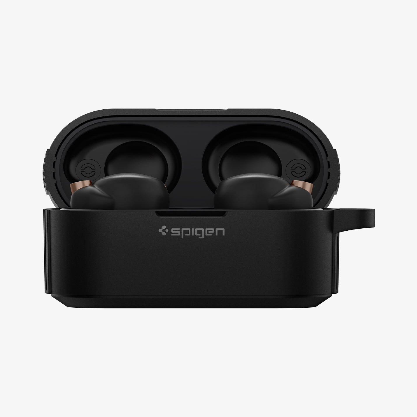 ACS03364 - Sony Earbuds xf100xm4 Case Rugged Armor in black showing the front with top open and earbuds inside