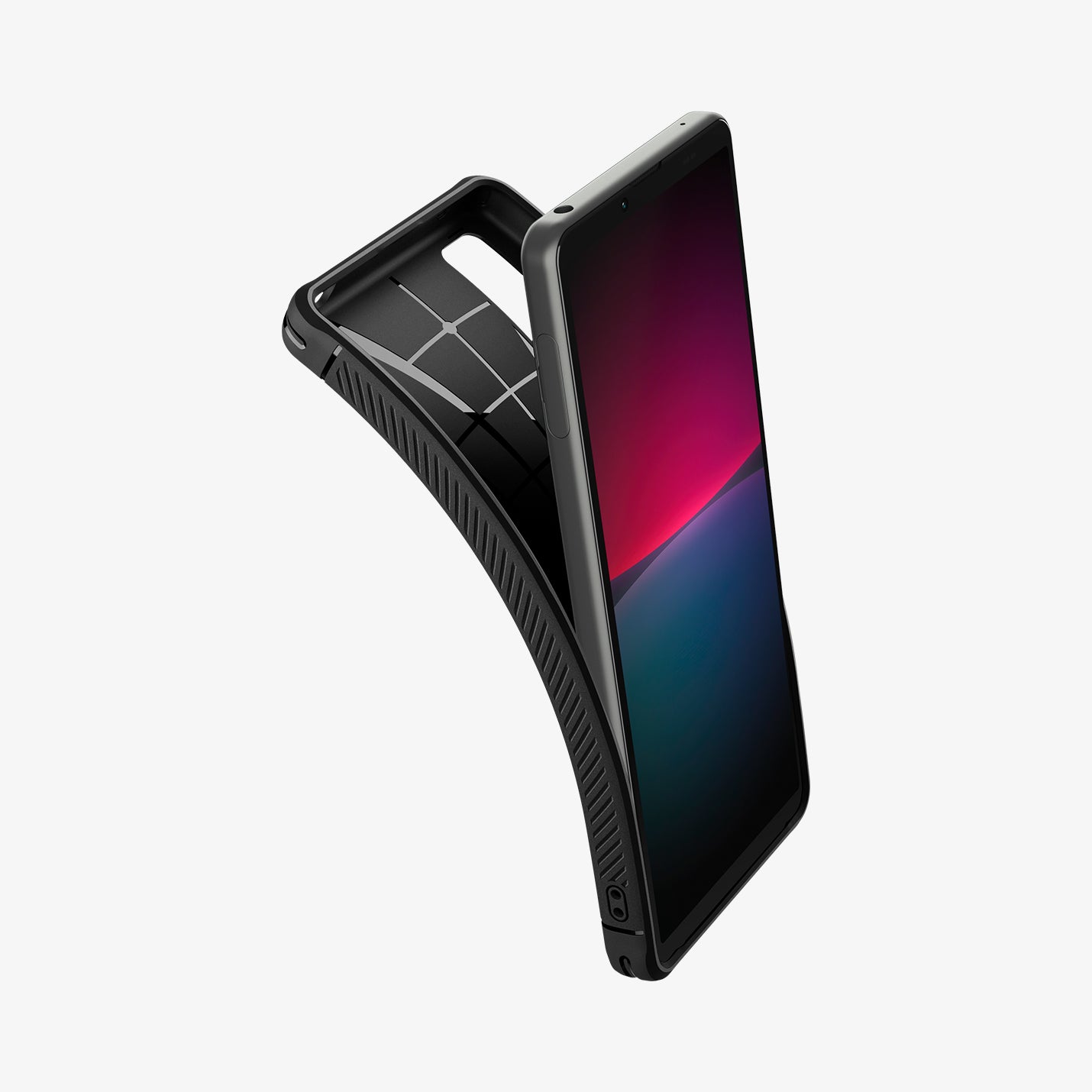 ACS04554 - Sony Xperia 10V Case Rugged Armor in matte black showing the front with case bending away from the device