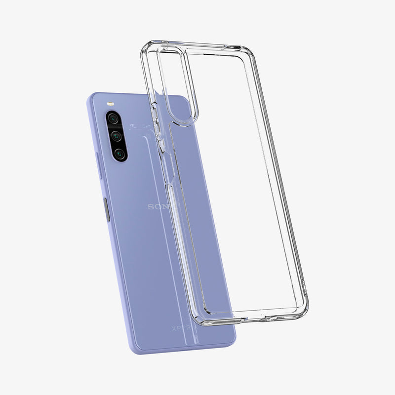 ACS04553 - Sony Xperia 10 IV Case Ultra Hybrid in crystal clear showing the back with case hovering away from the device