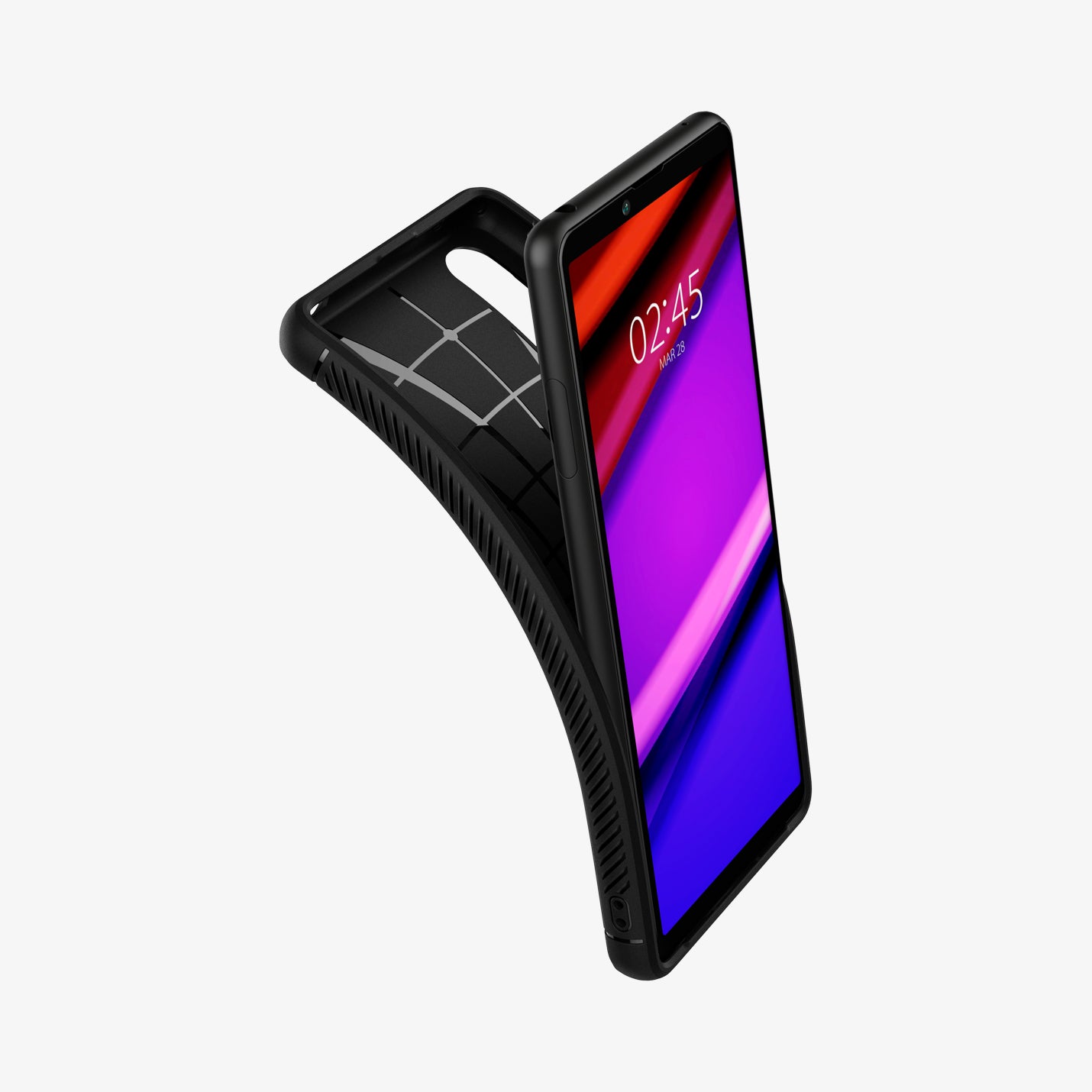 ACS02842 - Sony Xperia 10 III Case Rugged Armor in matte black showing the front with case bending away from the device