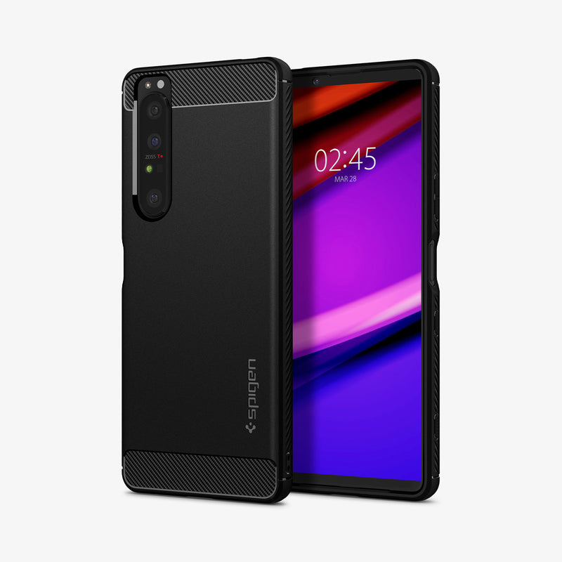 ACS02841 - Sony Xperia 1 III Case Rugged Armor in matte black showing the back and front
