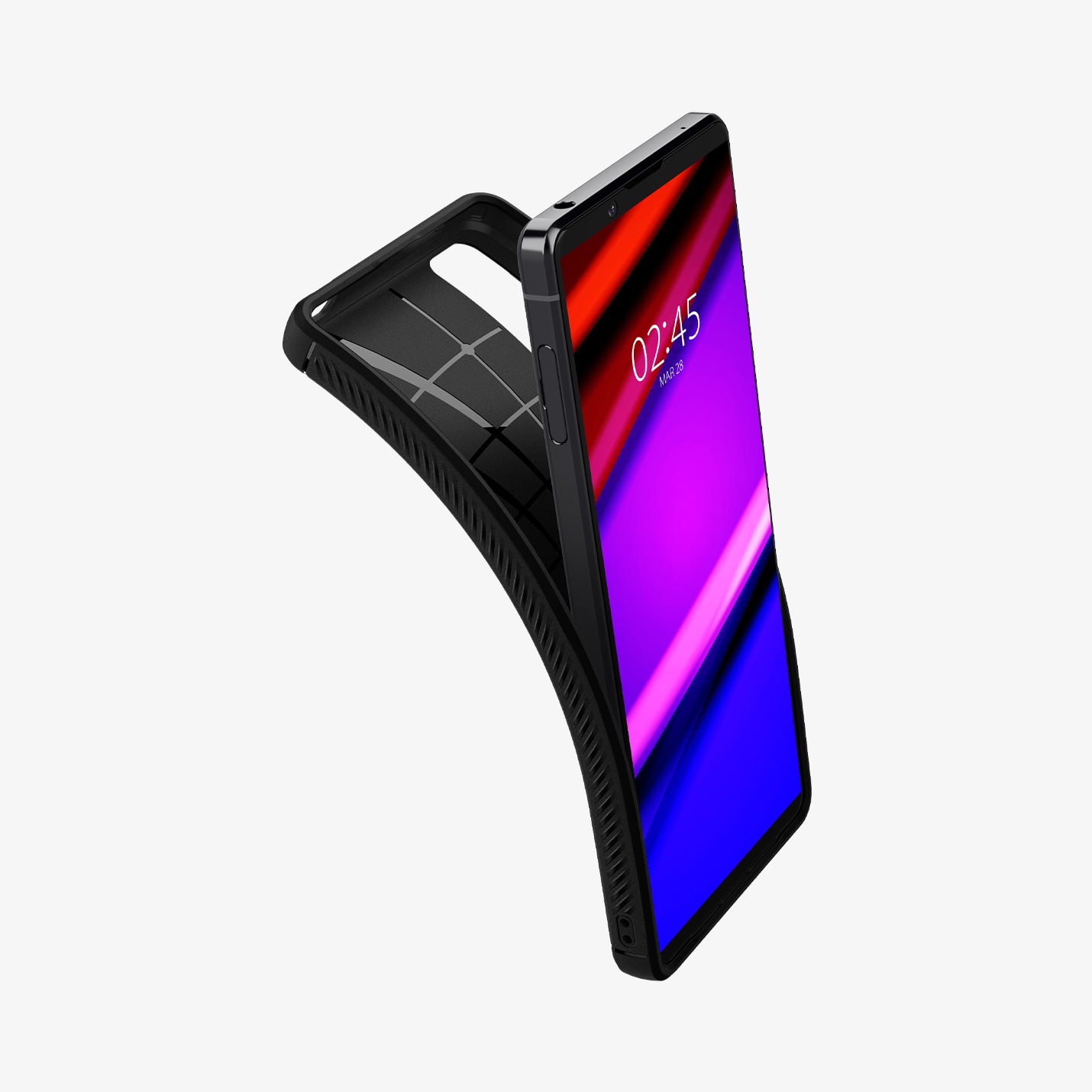 ACS02841 - Sony Xperia 1 III Case Rugged Armor in matte black showing the front with case bending away from the device