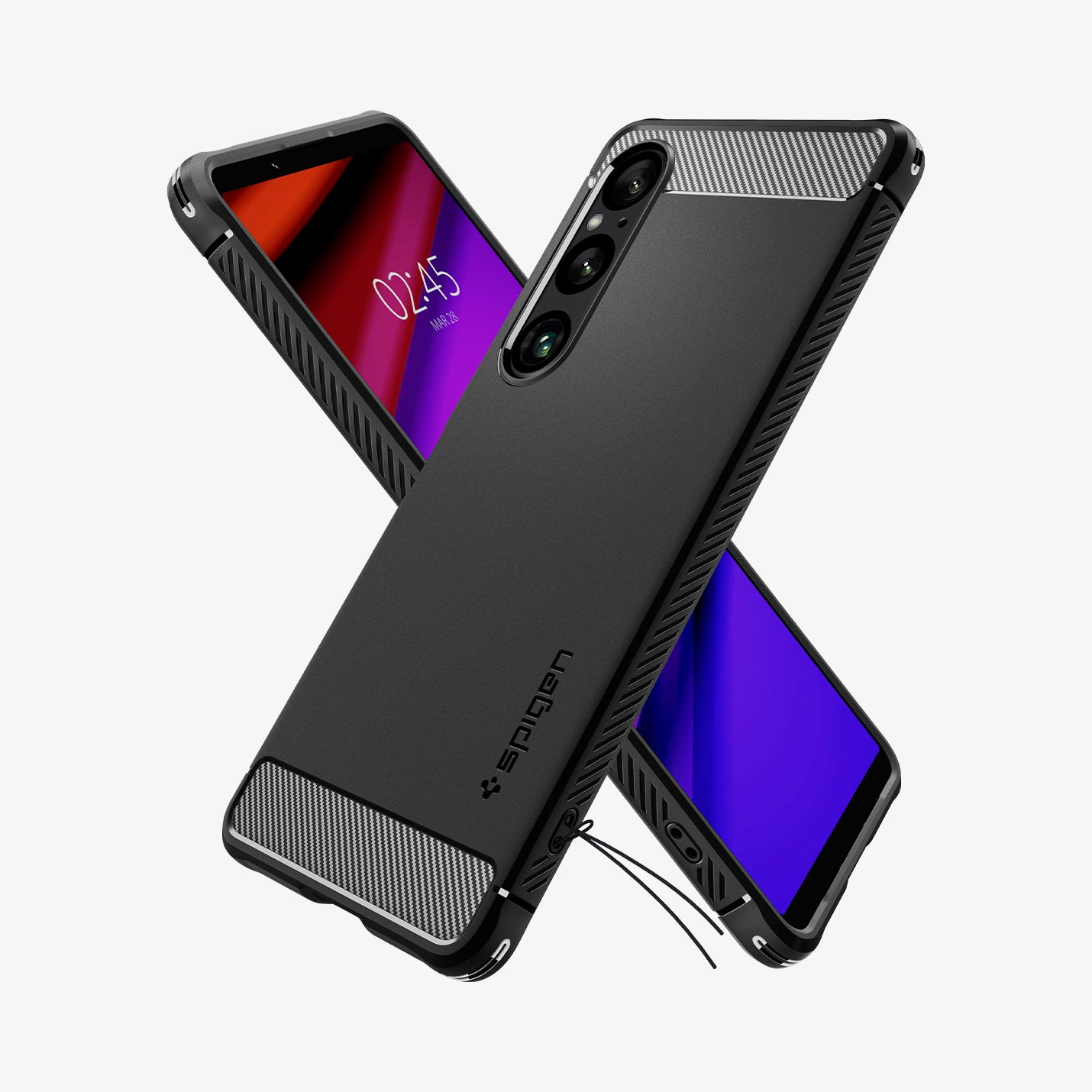 ACS08296 - Xperia 1 VI Case Rugged Armor in Matte Black showing the back, partial side, behind is a device showing partial front and sides