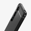 ACS08296 - Xperia 1 VI Case Rugged Armor in Matte Black showing partial back, top and partial side, lens camera zoomed in