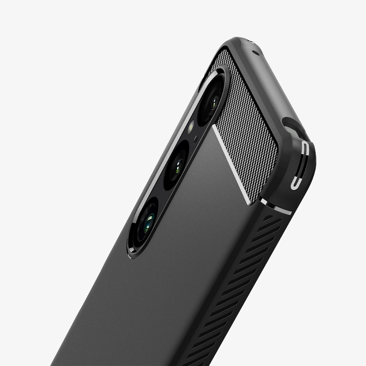 ACS08296 - Xperia 1 VI Case Rugged Armor in Matte Black showing partial back, top and partial side, lens camera zoomed in