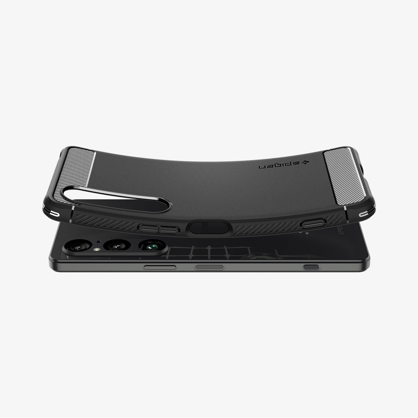 ACS08296 - Xperia 1 VI Case Rugged Armor in Matte Black showing the back of the case slightly bended hovering above the device