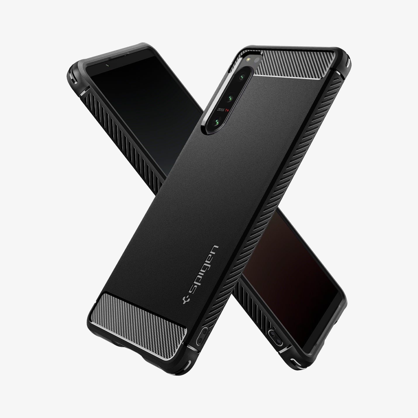 ACS04552 - Sony Xperia 5 IV Case Rugged Armor in matte black showing the back, front and sides