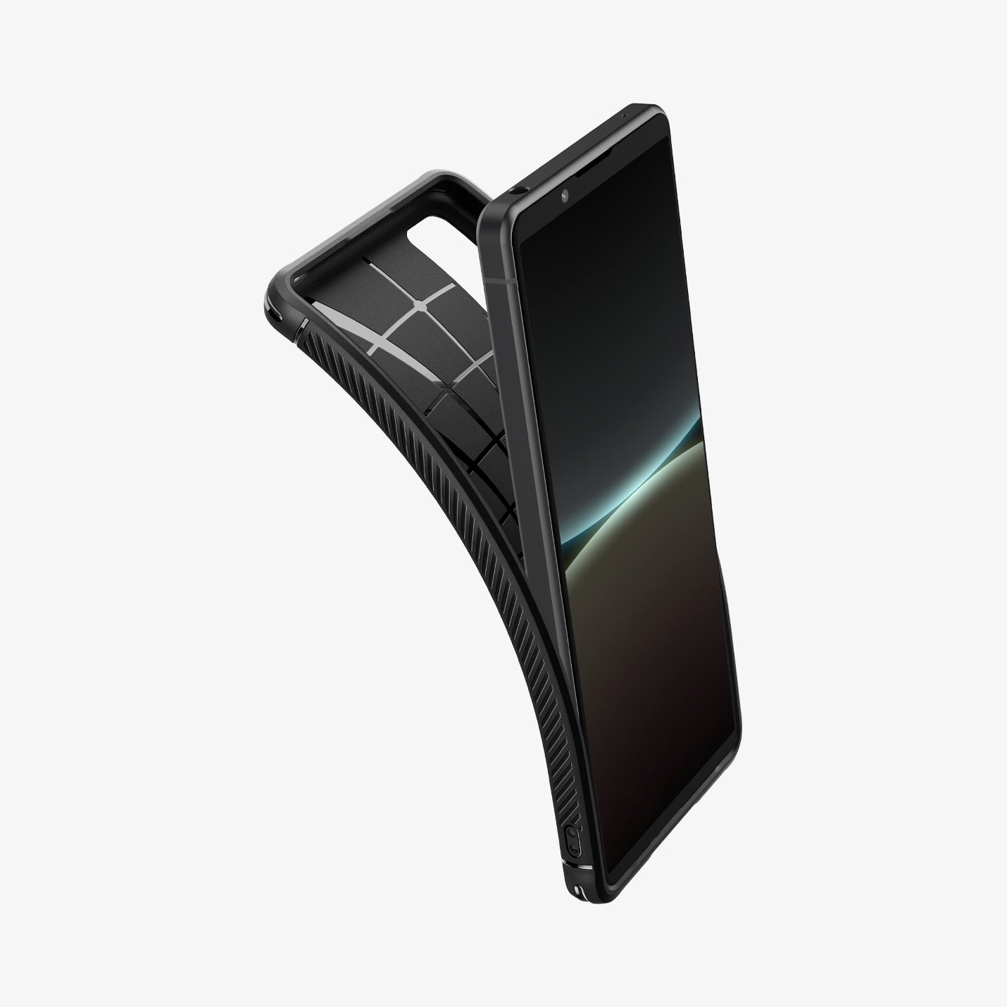 ACS04552 - Sony Xperia 5 IV Case Rugged Armor in matte black showing the front with case bending away from the device
