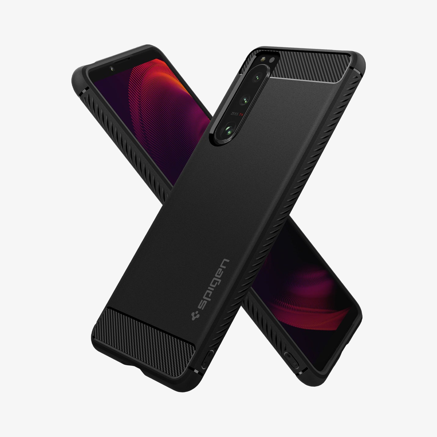 ACS03128 - Sony Xperia 5 III Case Rugged Armor in matte black showing the back, front and sides