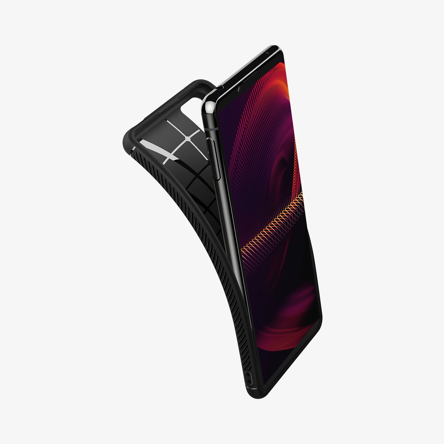 ACS03128 - Sony Xperia 5 III Case Rugged Armor in matte black showing the front with case bending away from the device