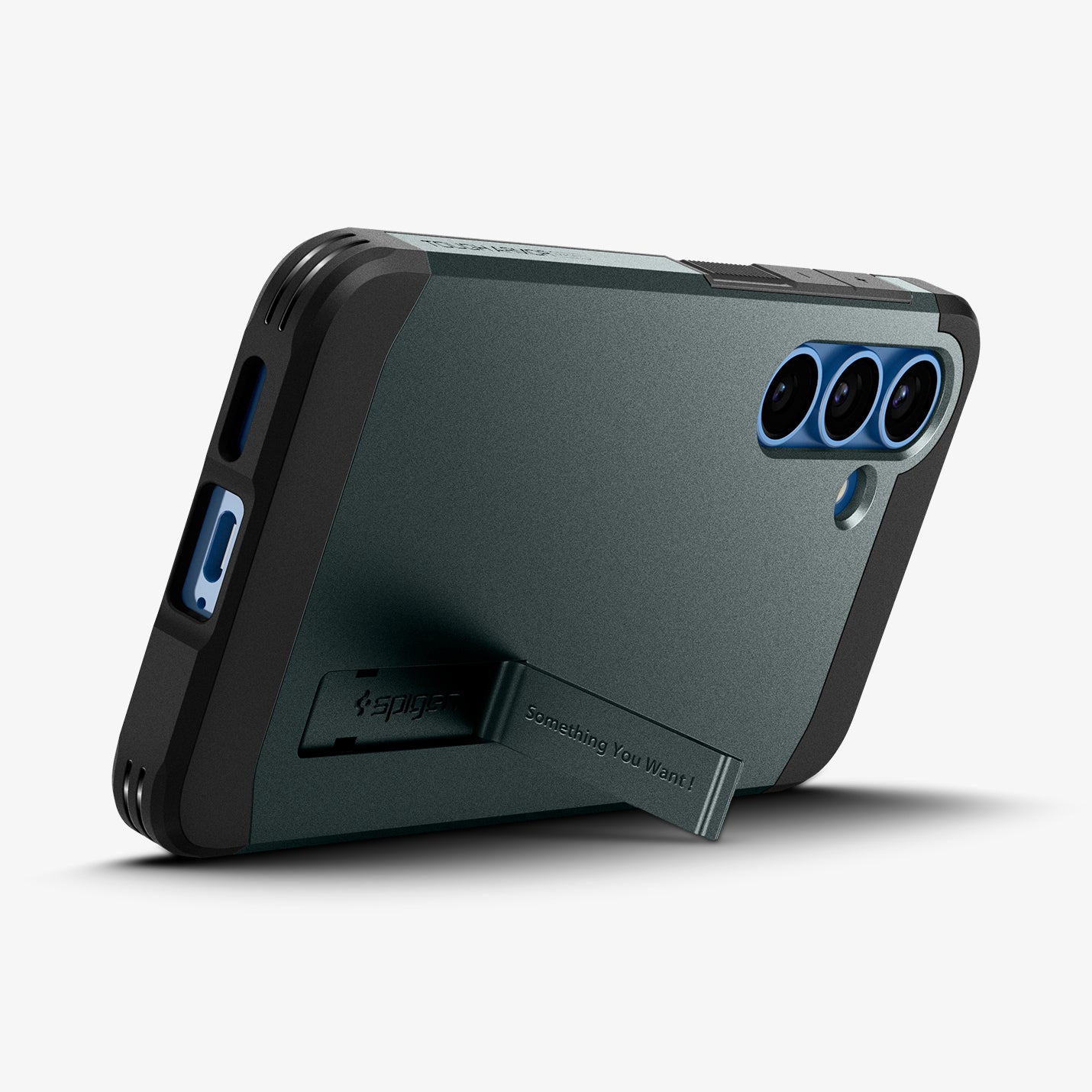 ACS09010 - Galaxy S25 Case Tough Armor AI (MagFit) in Abyss Green showing the back, partial bottom with built-in kickstand propped up