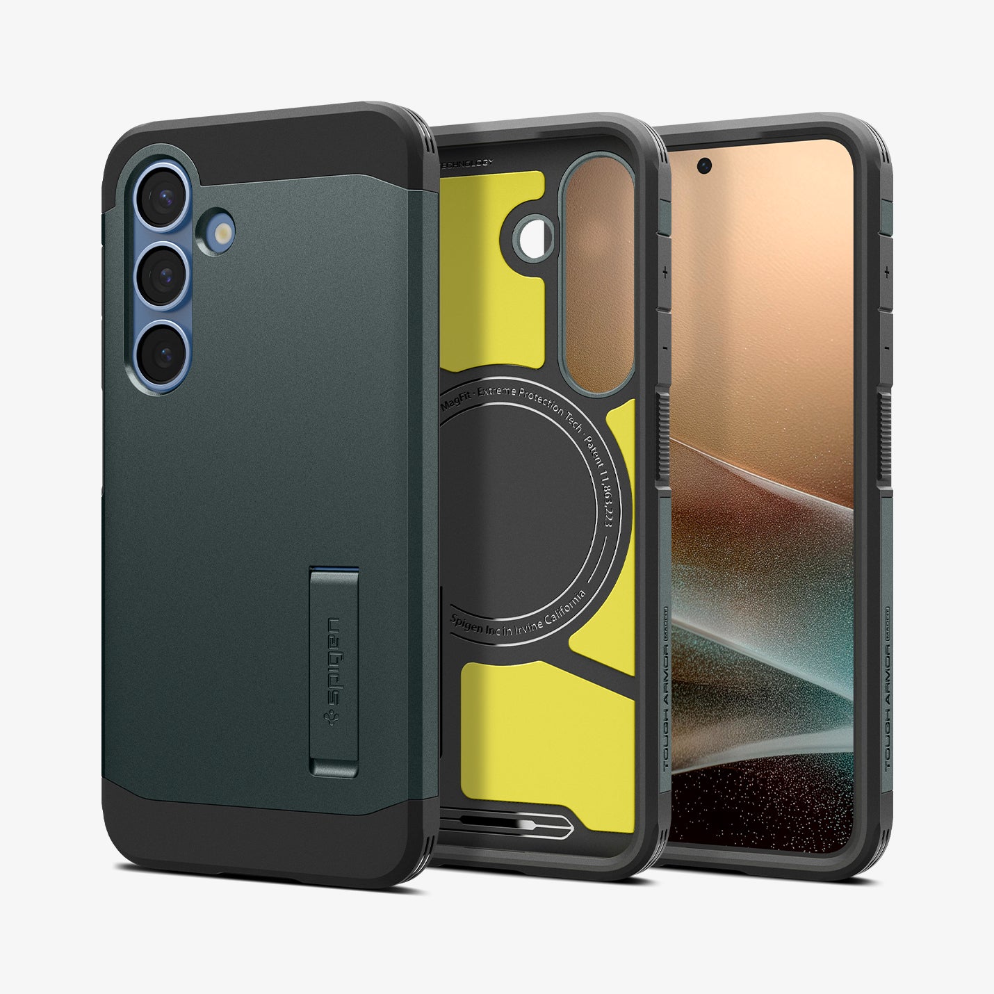 ACS09010 - Galaxy S25 Case Tough Armor AI (MagFit) in Abyss Green showing the back, partial inner, partial front and sides