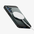 ACS09010 - Galaxy S25 Case Tough Armor AI (MagFit) in Abyss Green showing the back, partial side and bottom with magsafe charger attached