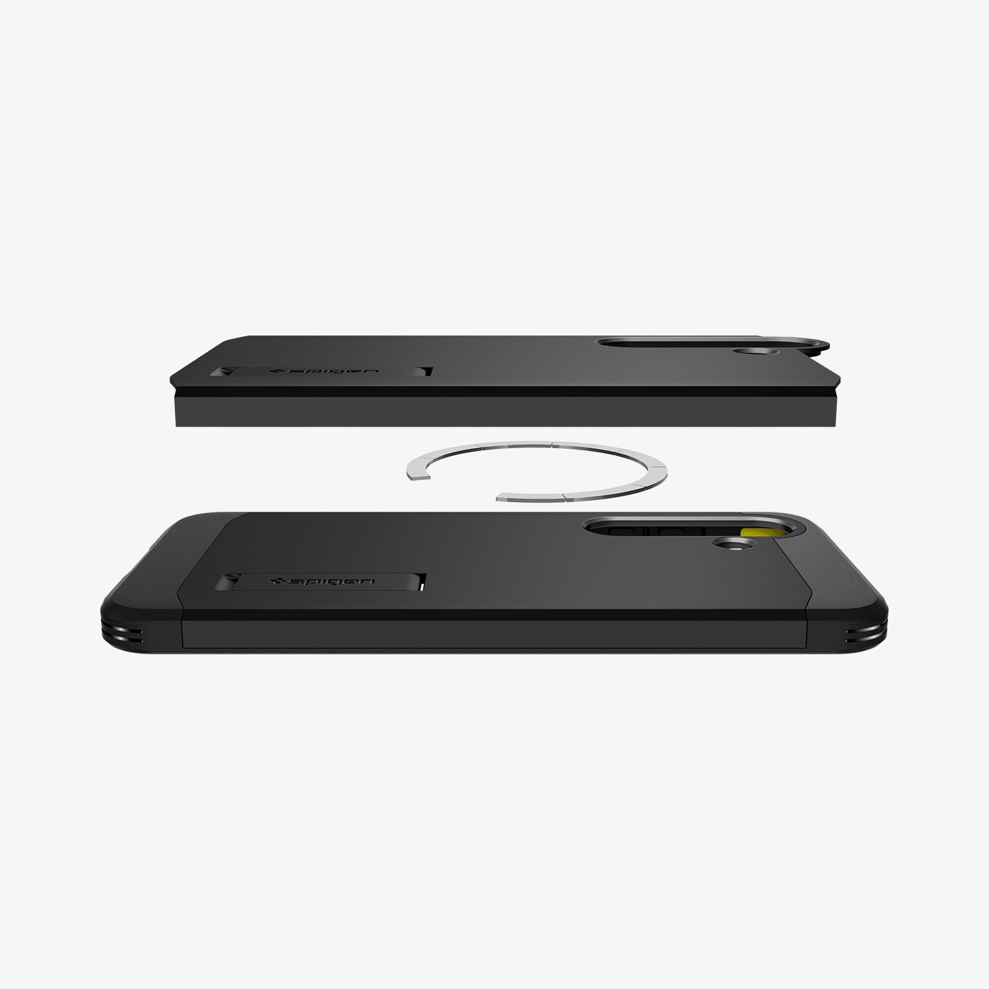 ACS09008 - Galaxy S25 Case Tough Armor AI (MagFit) in Black showing the hard back cover part of the case hovering above a magnet plate ring and a whole case