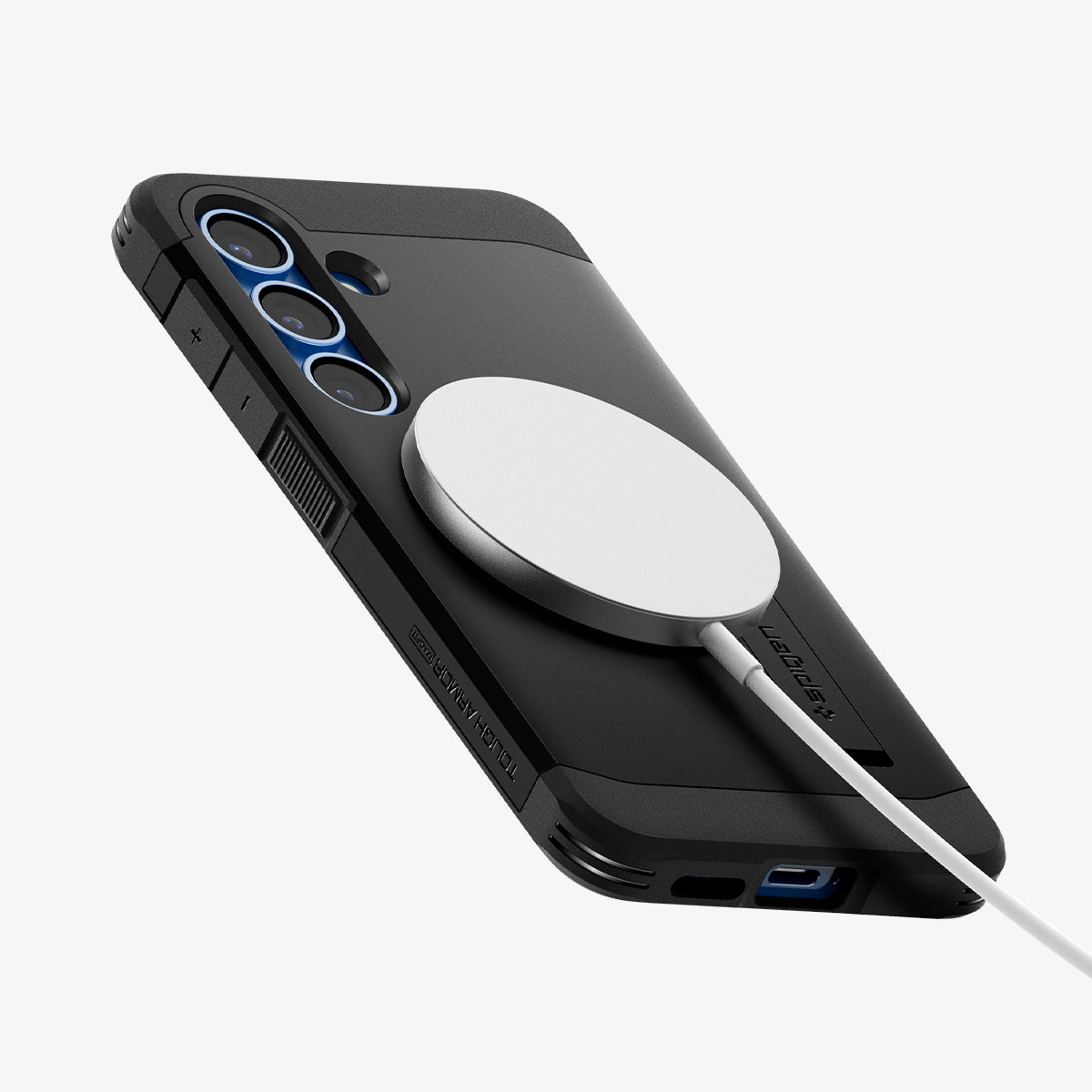 ACS09008 - Galaxy S25 Case Tough Armor AI (MagFit) in Black showing the back, partial side and bottom with magsafe charger attached