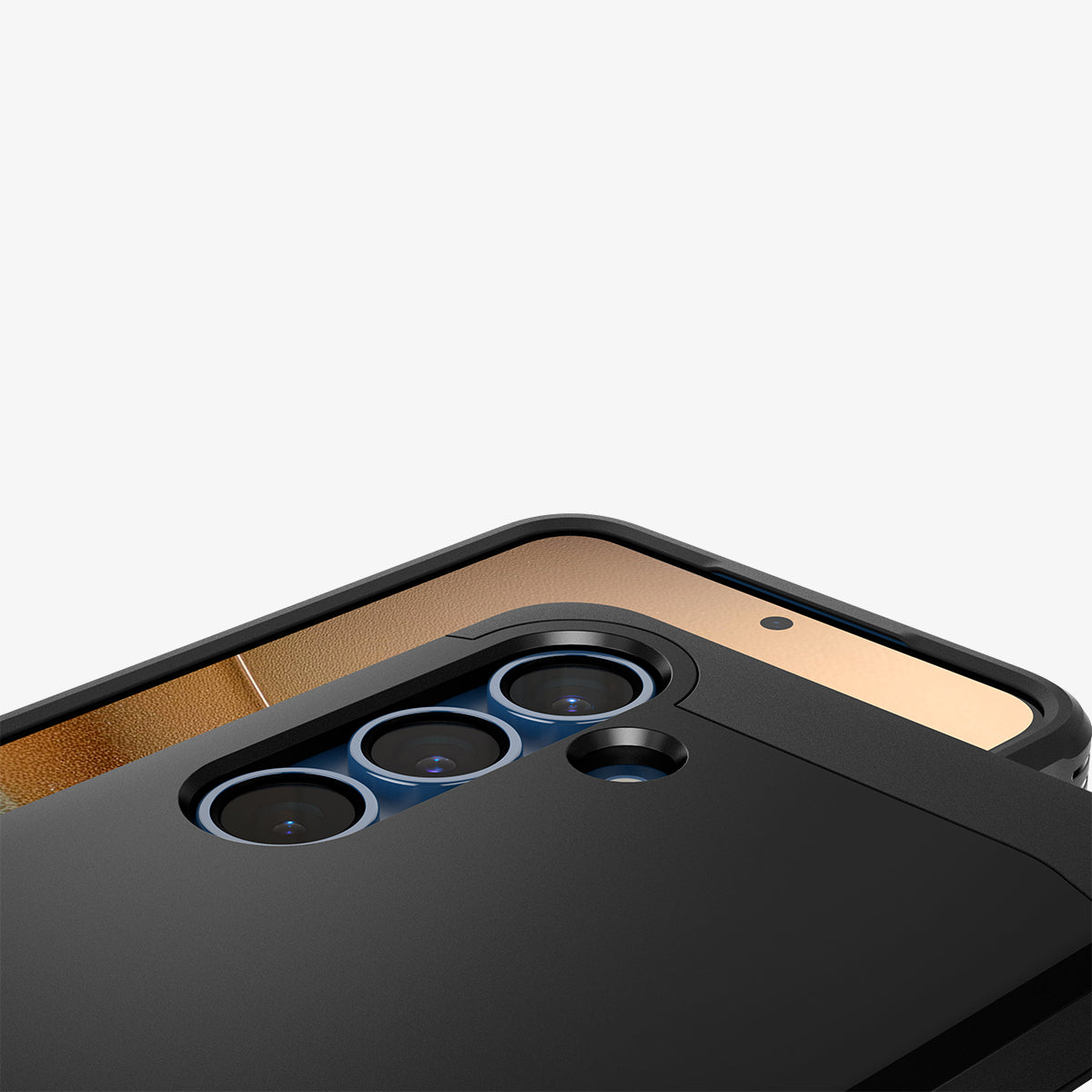 ACS09008 - Galaxy S25 Case Tough Armor AI (MagFit) in Black showing partial back, partial front with camera lens zoomed in