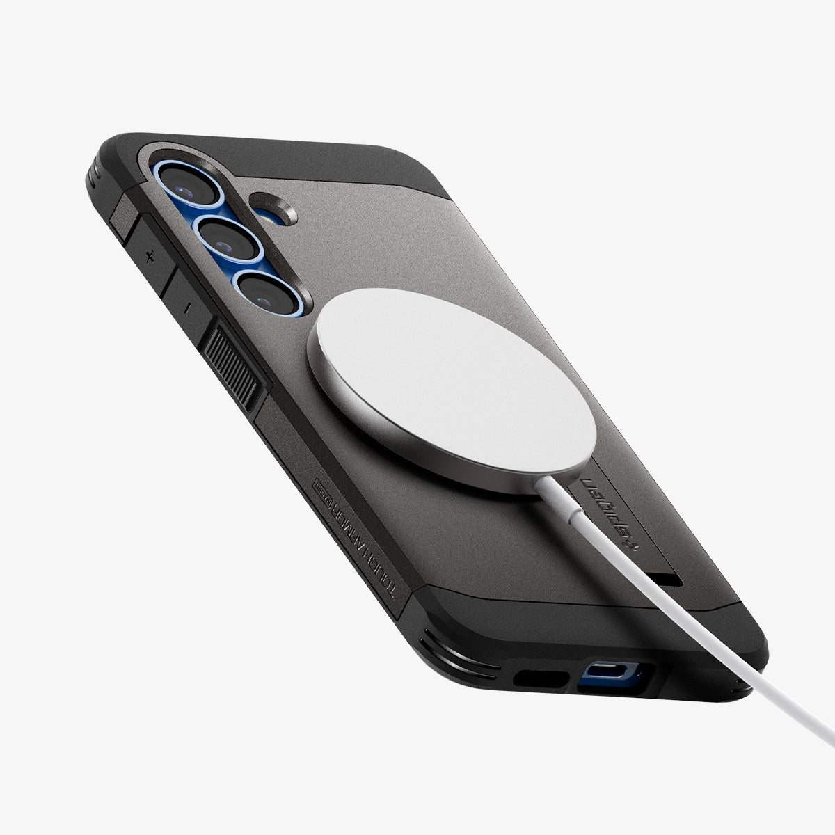 ACS09009 - Galaxy S25 Case Tough Armor AI (MagFit) in Gunmetal showing the back, partial side and bottom with magsafe charger attached