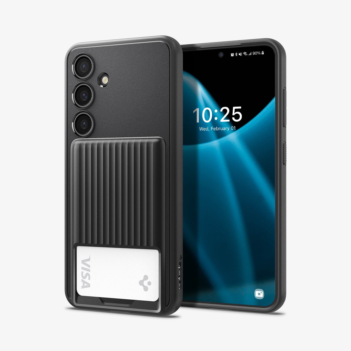 ACS07360  - Galaxy S24 Case Liquid Slot in Matte Black showing the back with card slot and a card and next to it, a device facing front