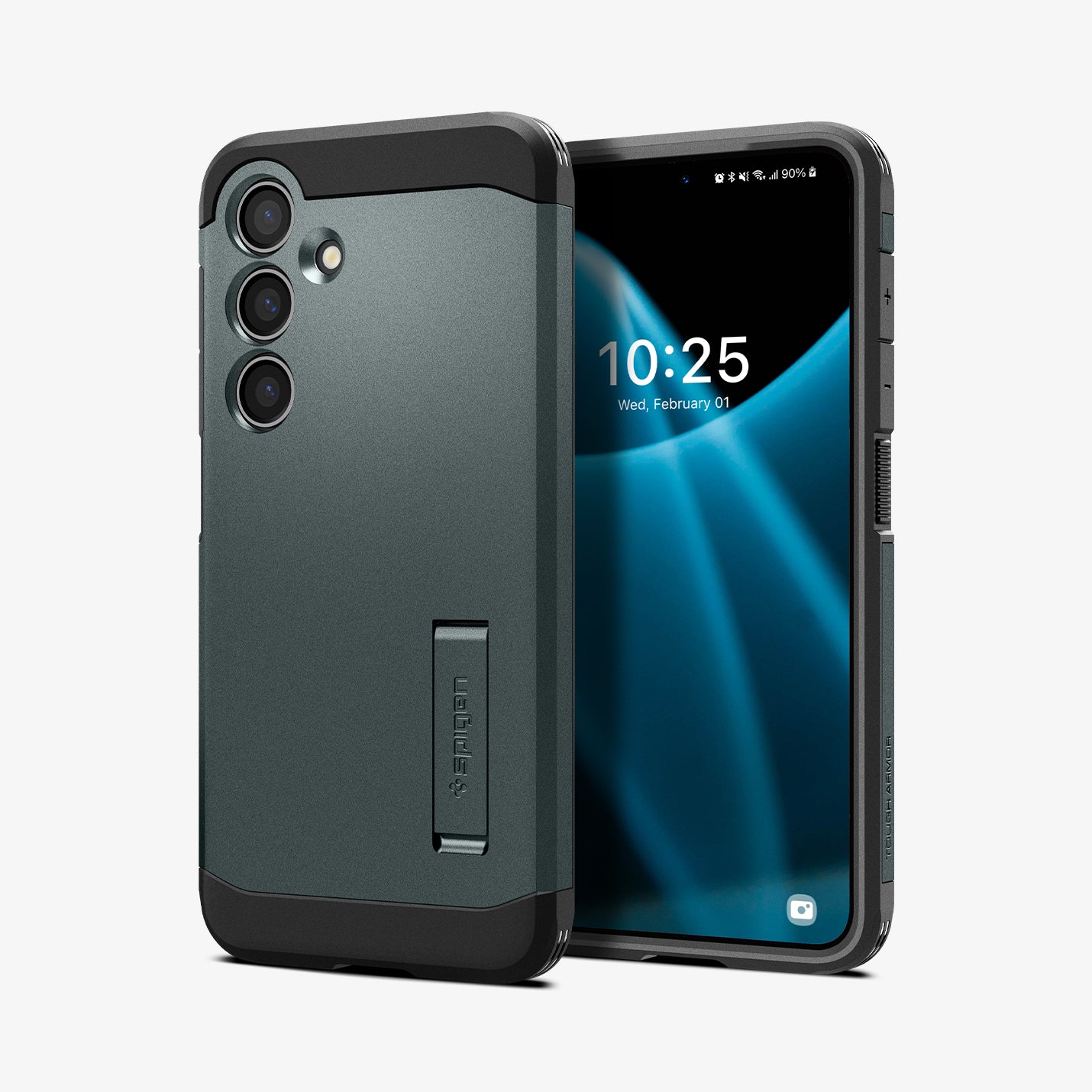 ACS07357 - Galaxy S24 Case Tough Armor in Abyss Green showing the back, partial side, next to it, a device showing front and partial side