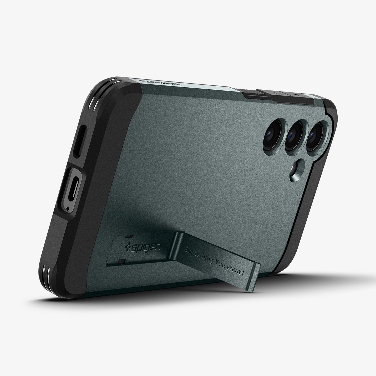 ACS07357 - Galaxy S24 Case Tough Armor in Abyss Green showing the back, partial side and bottom with a built-in kickstand propped up