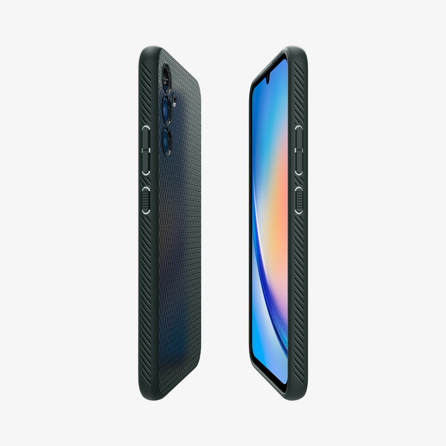ACS06105 - Galaxy A34 5G Liquid Air in Abyss Green showing the partial sides, partial front and back of both devices aligned with each other