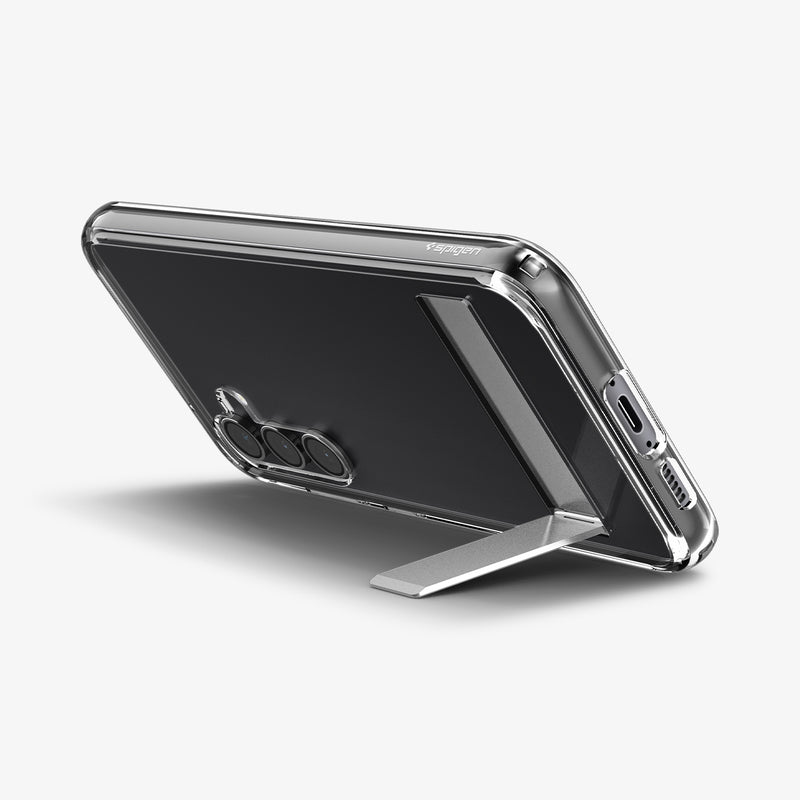ACS07026 - Galaxy S23 FE Case Slim Armor Essential in crystal clear showing the back with device propped up by built in kickstand