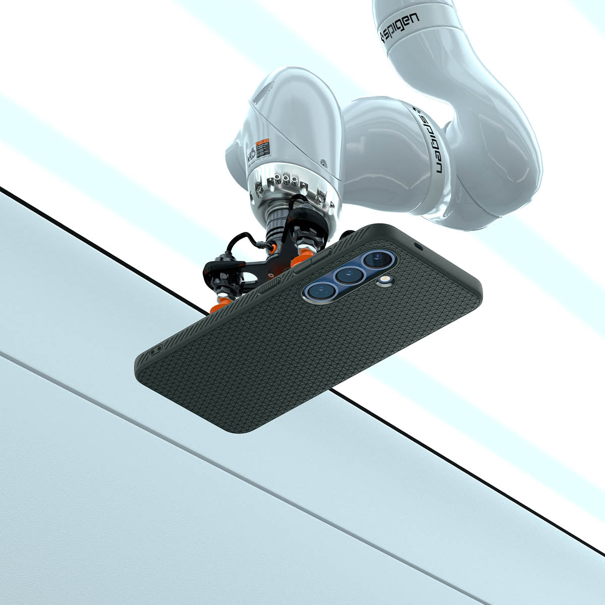 ACS09001 - Galaxy S25 Case Liquid Air in Abyss Green showing the robotic arm holding the device in an elevated horizontal position, angled slightly upward. Showing the device back facing outward, revealing its camera module. The robotic arm is positioned above a clean, structured background with defined panels