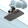 ACS08999 - Galaxy S25 Case Rugged Armor (MagFit) in Marble Gray showing the back, partial side and top with robot sitting on top of the device